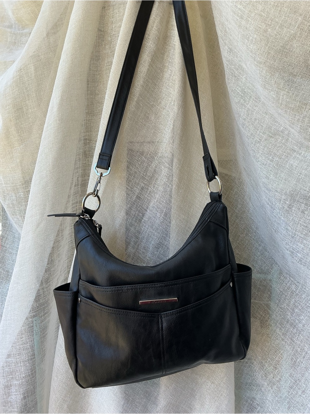 Rosetti Black Leather Shoulder Bag with Silver Hardware